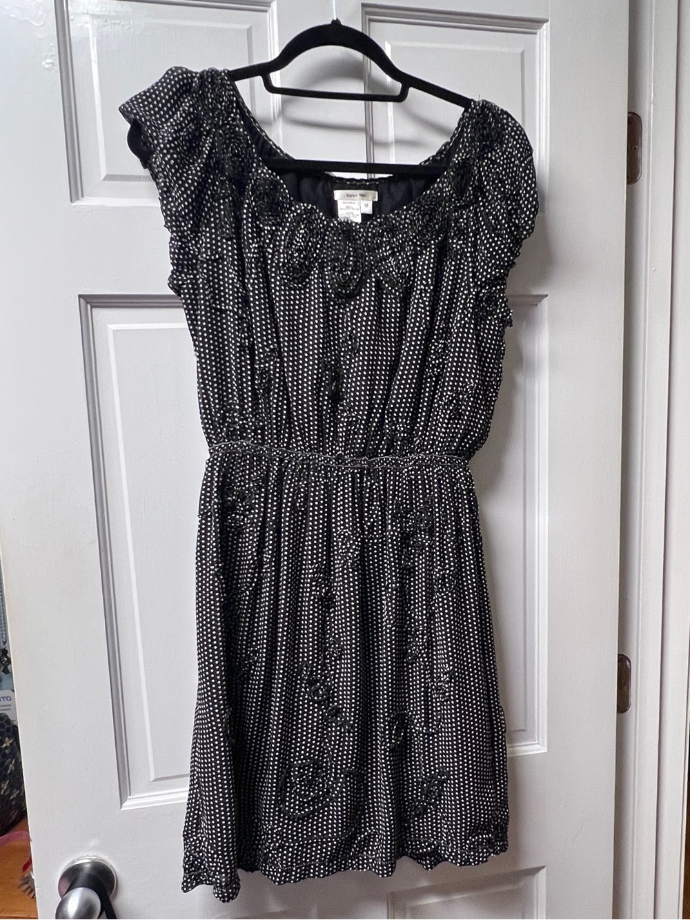 Sophie Max Black Dress with White Polka Dots - Casual Ruffle Neck